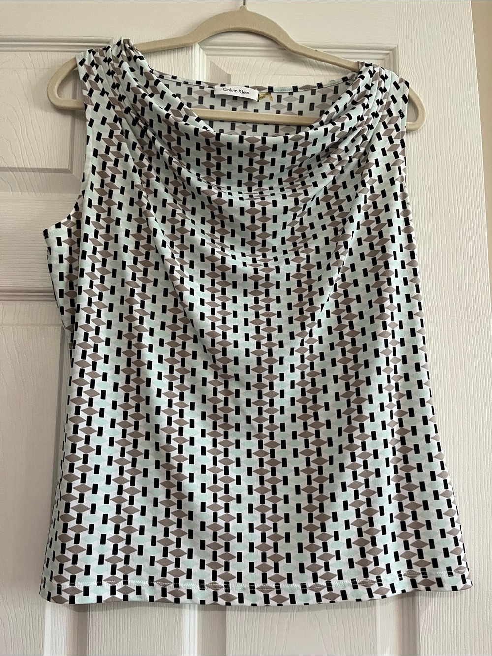 Calvin Klein White Cowl Neck Tank with Black & Brown Geometric Print